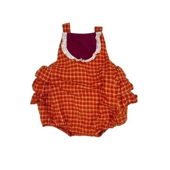 Ricrac & Ruffles Girls Orange Plaid Monogram Tie Back Flannel Bubble 24 Months - Picture 1 of 4